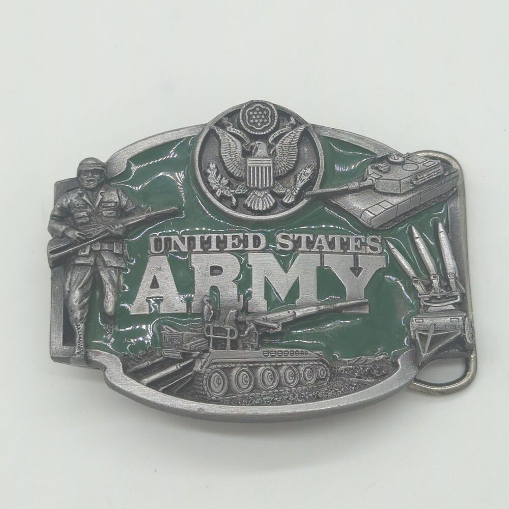 Vintage 1987 US Army Siskiyou J-50 Heavy 80s Belt Buckle Green Accent Tanks